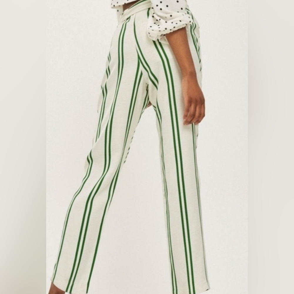 Topshop Women’s Pants 10 Green White Stripe Tapered Leg Linen Viscose - Picture 2 of 9